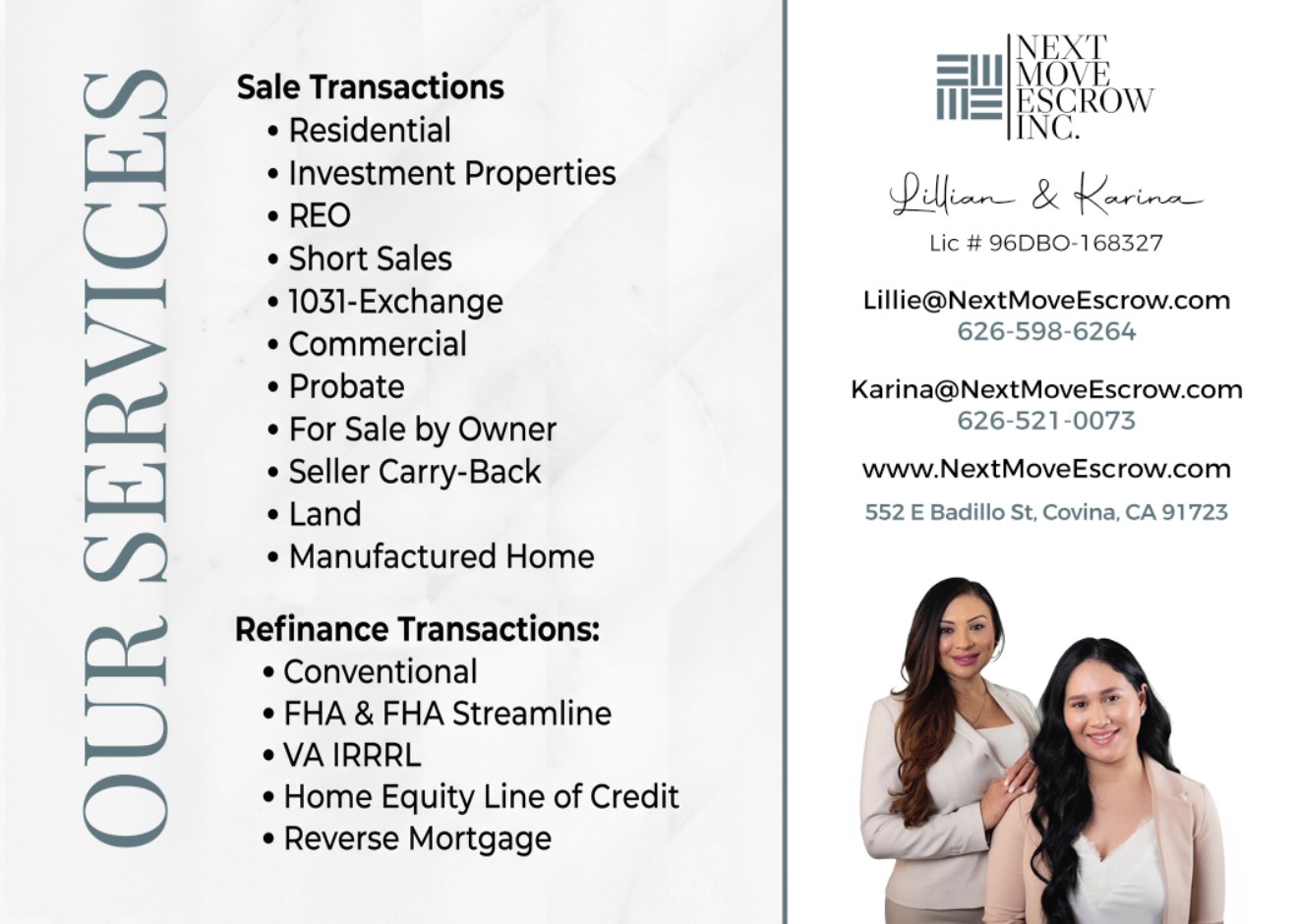 Next Move Escrow services brochure with Lillian and Karina contact details